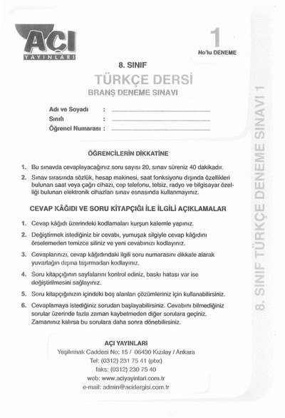 TÜRKÇE DERSİ BRANŞ DENEME SINAVI Fotokopi GO - Tüm Sınavlarda Daha İleriye
