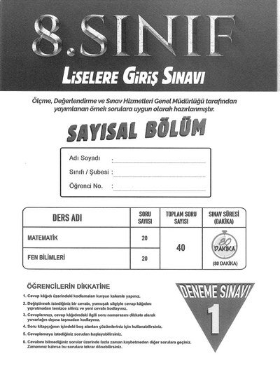 LİSELERE GİRİŞ SINAVI SAYISAL BÖLÜM DENEME SINAVI Fotokopi GO - Tüm Sınavlarda Daha İleriye