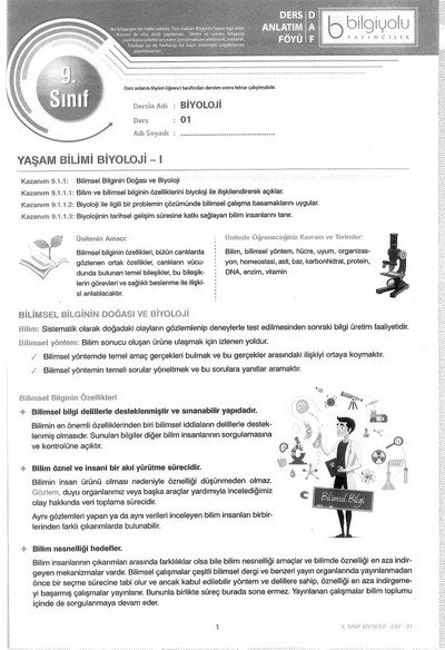 DERS ANLATIM FÖYÜ BİYOLOJİ Fotokopi GO - Tüm Sınavlarda Daha İleriye