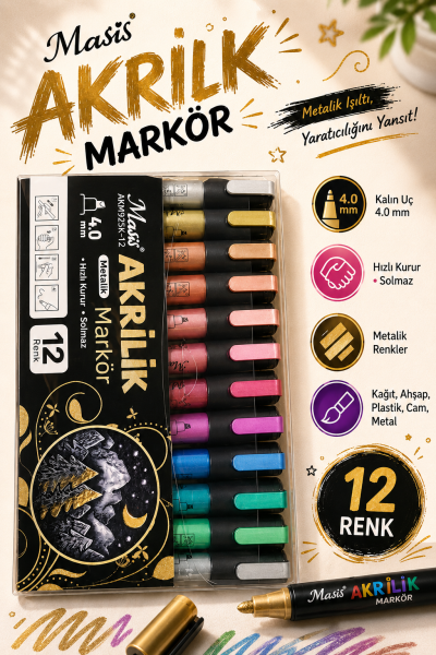 Masis AKRİLİK METALİK MARKÖRÜ 12 Lİ AKM925K-12 Fotokopi GO - Tüm Sınavlarda Daha İleriye