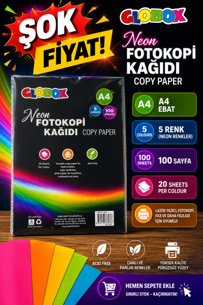 5 Renk 100 Sayfa Renkli Fotokopi Kağıdı Neon Globox Fotokopi GO - Tüm Sınavlarda Daha İleriye