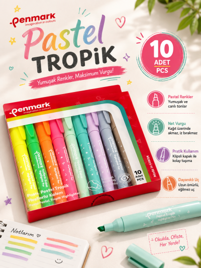 Penmark Kalem Tipi Fosforlu Bristol Kalem Neon Pastel Tropik Renkler 10 Lu Fotokopi GO - Tüm Sınavlarda Daha İleriye