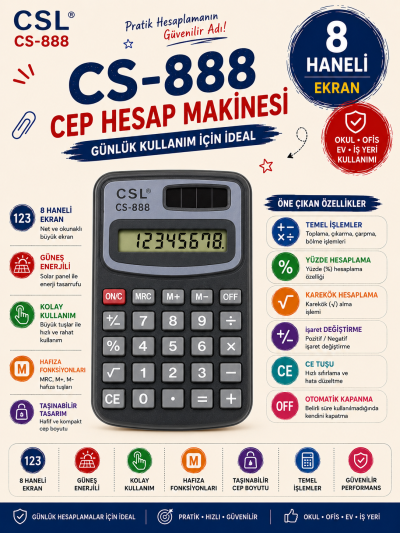 CSL CS-888 8 Hane Cep Tipi Hesap Makinesi Fotokopi GO - Tüm Sınavlarda Daha İleriye