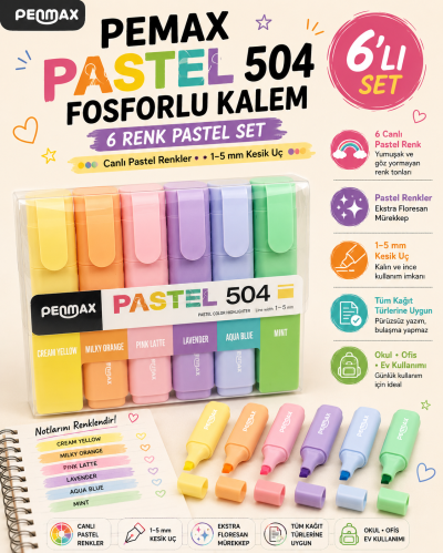 Penmax Fosforlu Işaretleme Kalemi Pastel Renkler 6'lı Set Fotokopi GO - Tüm Sınavlarda Daha İleriye