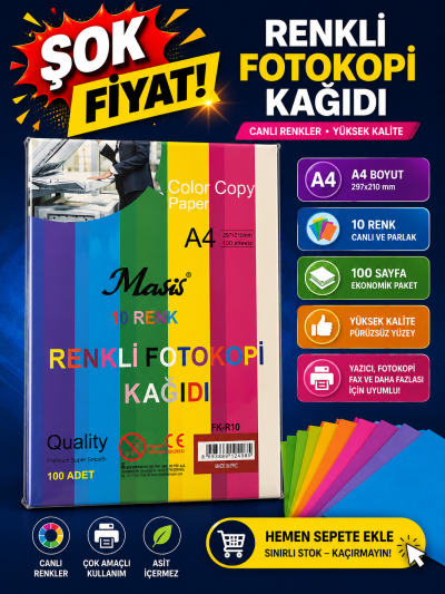10 Renk 100 Sayfa Renkli Fotokopi Kağıdı Fotokopi GO - Tüm Sınavlarda Daha İleriye