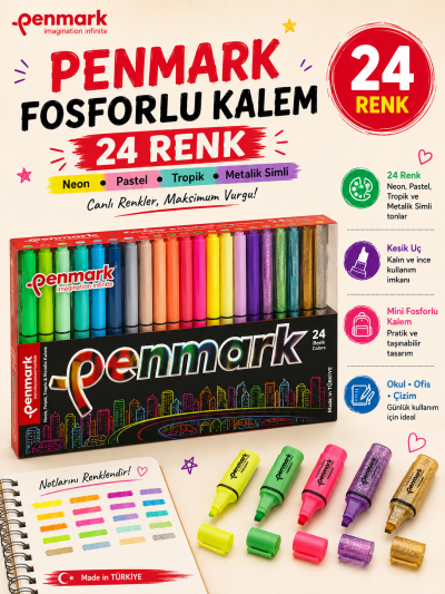 Penmark Fosforlu Kalem 24 Lü Süper Kutu 6 Neon+6 Pastel+6 Tropik+6 Simli Fotokopi GO - Tüm Sınavlarda Daha İleriye