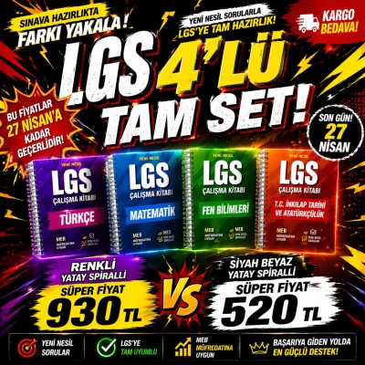 LGS 4'lü TAM SET (Renkli Yatay Spiralli Olarak Gelecektir. Dikey Tam Boy İsterseniz Dİkey Seçeneğini Sepete Eklerken İşaretleyebilirsiniz.) Fotokopi GO - Tüm Sınavlarda Daha İleriye