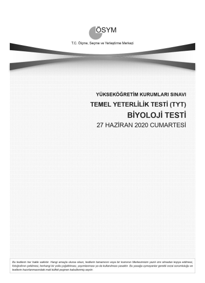BİYOLOJİ SON 11 YIL ÇIKMIŞ SORULAR (TYT) (2020 DAHİL) Fotokopi GO - Tüm Sınavlarda Daha İleriye