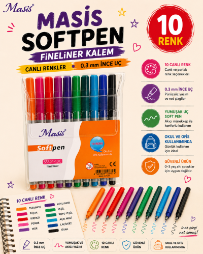Masis Fineliner Softpen Kalem 10 Renk Pvc S5304-10c Fotokopi GO - Tüm Sınavlarda Daha İleriye