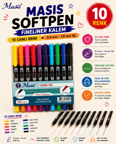 Masis Fineliner Apollo 55 İki Uçlu Kalem 10Lu Fotokopi GO - Tüm Sınavlarda Daha İleriye