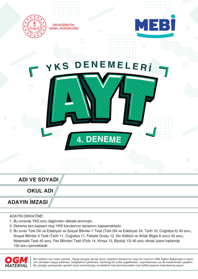 YKS Denemeleri AYT 4. Deneme MEBİ Fotokopi GO - Tüm Sınavlarda Daha İleriye
