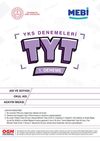 MEBİ YKS Denemeleri TYT 1. Deneme Fotokopi GO - Tüm Sınavlarda Daha İleriye