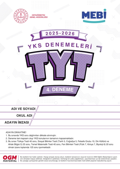 MEBİ YKS Denemeleri TYT 4. Deneme Fotokopi GO - Tüm Sınavlarda Daha İleriye