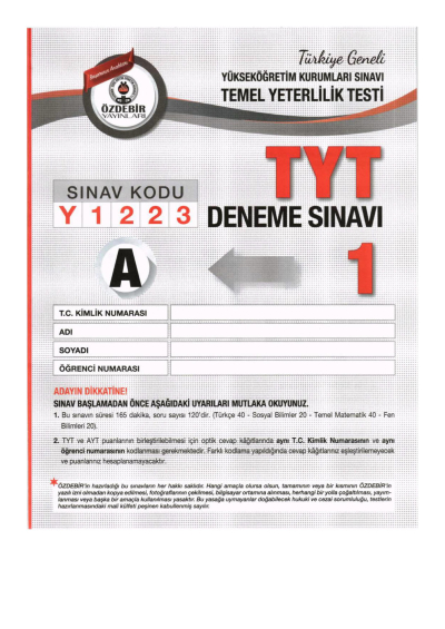 TYT TÜRKİYE GENELİ DENEME SINAVI 1 Fotokopi GO - Tüm Sınavlarda Daha İleriye
