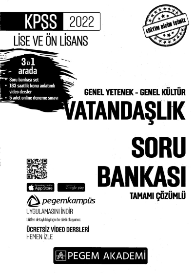 2022 KPSS LİSE VE ÖNLİSANS VATANDAŞLIK SORU BANKASI