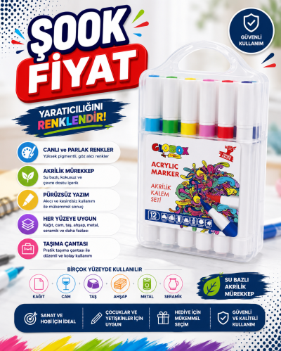 Globox Akrilik Marker Kalem Seti 12 Renk Fotokopi GO - Tüm Sınavlarda Daha İleriye