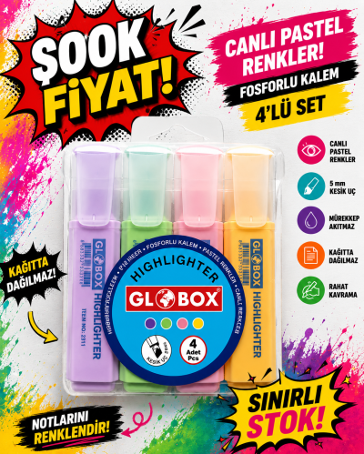 Globox Fosforlu Kalem Pastel Renk 4.lü Fotokopi GO - Tüm Sınavlarda Daha İleriye