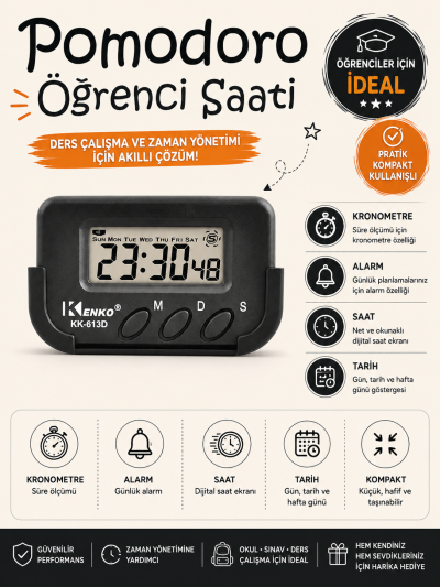 Kenko Pomodoro Öğrenci Saati - Kronometreli Ders Çalışma Saati - Dijital Masa Saati Kenko KK-613D Fotokopi GO - Tüm Sınavlarda Daha İleriye