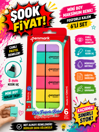 MİNİ FOSFORLU KALEM 6 LI PASTEL PENMARK Fotokopi GO - Tüm Sınavlarda Daha İleriye